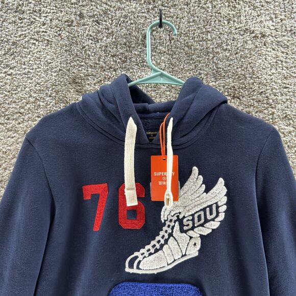Superdry Hoodie Sweatshirt Womens 4 XS Navy Blue Embroidered Pullover New Logo - Picture 3 of 14